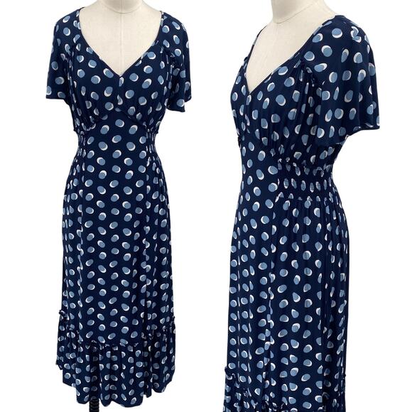 Ann Taylor Midi Dress Fit & Flare Blue Polka Dot Print Empire Waist Navy Blue S - Picture 1 of 9